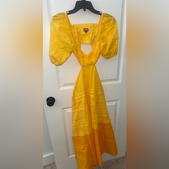 STAUD Carina Gold/Yellow Puff Sleeve Cutout Midi Dress Size XS - Picture 2 of 7